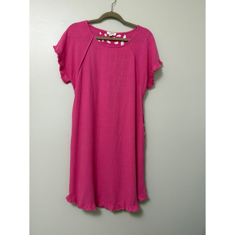 Umgee USA Hot Pink Linen Blend Fringe Hem Abstract Print Back Shift Dress